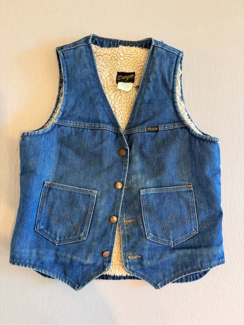 Vintage Wrangler Blue Denim Vest with Cream Sherpa Lining